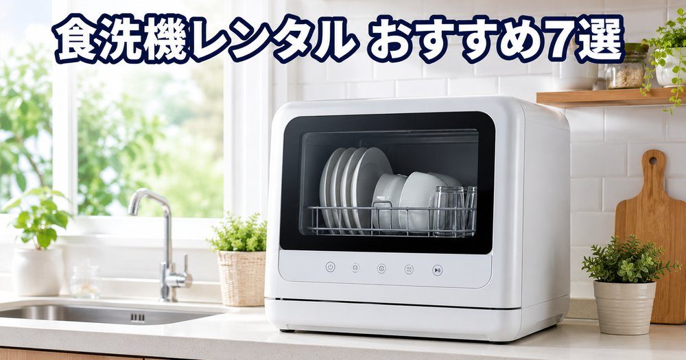 明るいキッチンのカウンターに置かれた卓上型食洗機と「食洗機レンタル おすすめ7選」のキャッチコピー