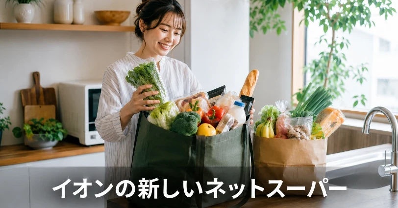 明るいキッチンで緑のエコバッグから新鮮な野菜を取り出す笑顔の女性。グリーンビーンズとはどんなサービスかを紹介する章の挿絵