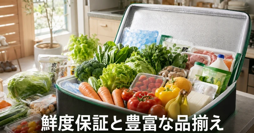 保冷ボックスいっぱいに詰まった葉物野菜・肉・乳製品と保冷剤。鮮度保証と豊富な品揃えを解説する章の挿絵