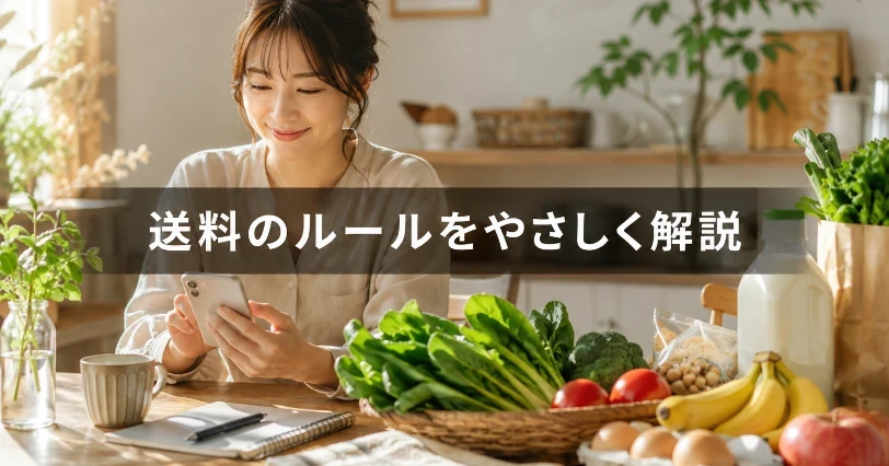 朝の食卓で野菜かごの横でスマホを確認する女性。送料の仕組みをやさしく解説する章の挿絵