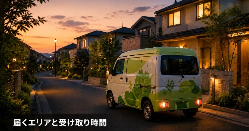 夕暮れの住宅街を走る野菜柄の緑の配送バン。配送エリアと受け取り時間を解説する章の挿絵