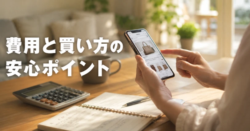 電卓とノートを前にスマホで買い物サイトを見る手元の写真。価格と購入先の安心ポイントの章の挿絵