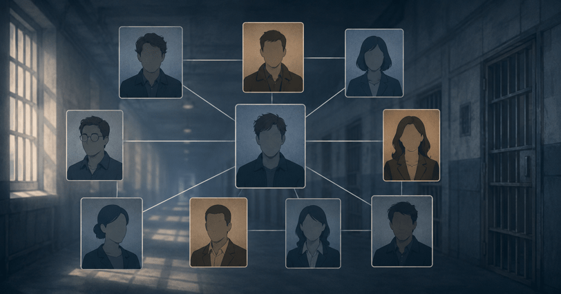 複数の人物カードを線で結んだ『刑務所のルールブック』のキャスト・人物関係イメージ